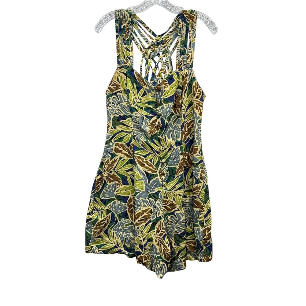 90s Retro Basic Editions‎ Women's Romper Tropical Leaf Print Resort Wear Size 10